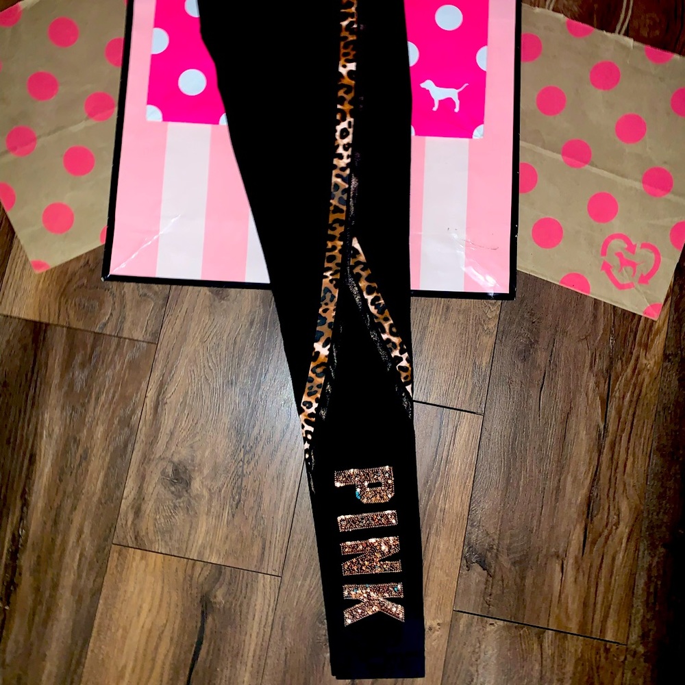 VS PINK size SMALL RARE HTF Leopard Print Bling Logo Leggings. Like New.
